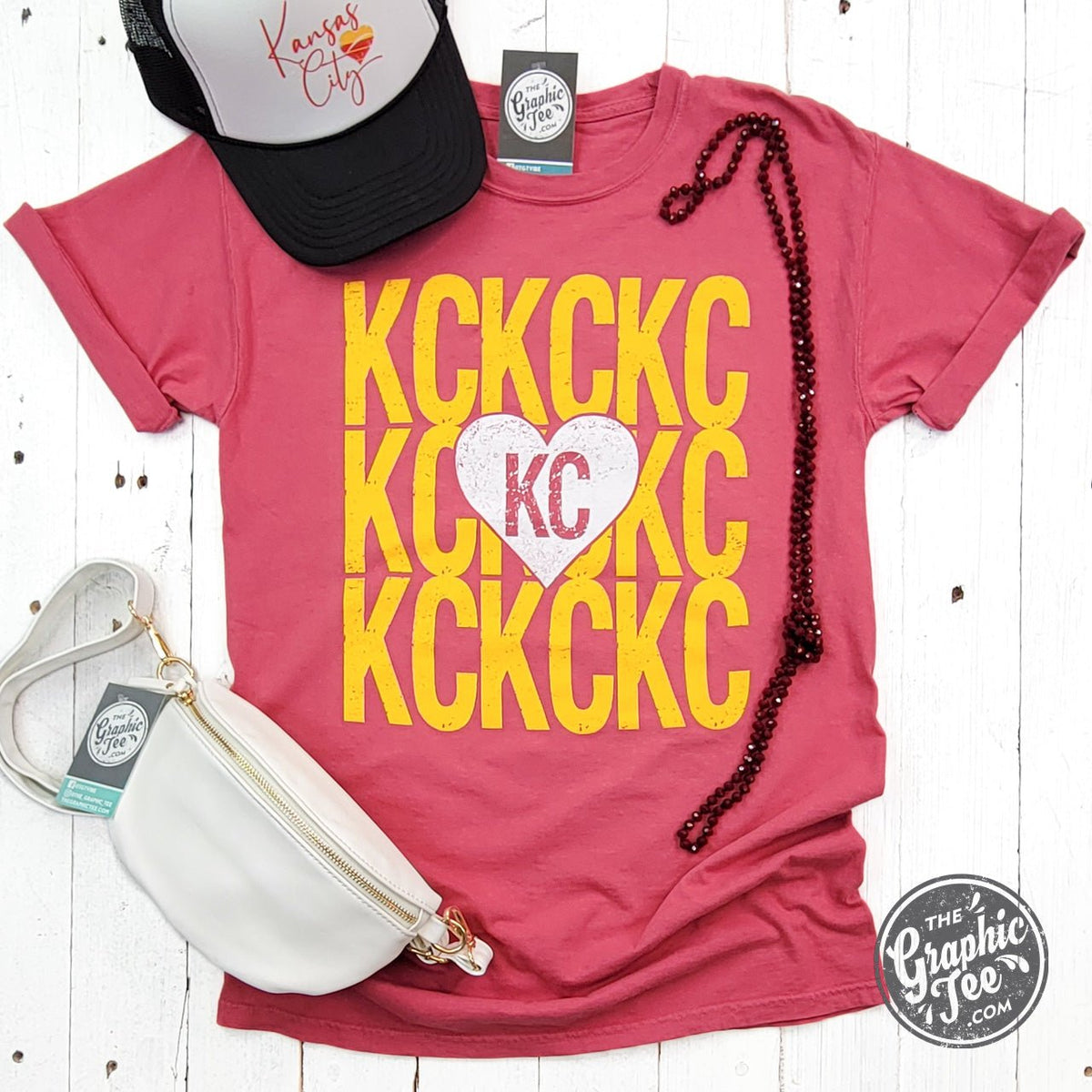 KC KC KC Heart Crimson Comfort Wash Short Sleeve Crew Neck Tee - Aaria Tees