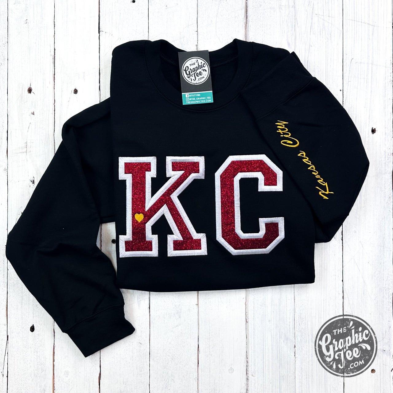 KC Red Glitter Applique Black Crewneck Sweatshirt - Aaria Tees Aaria Tees