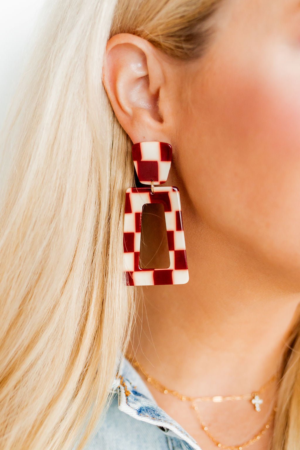 Kennedy Statement Earrings - Maroon Checkered - Aaria Tees Aaria Tees