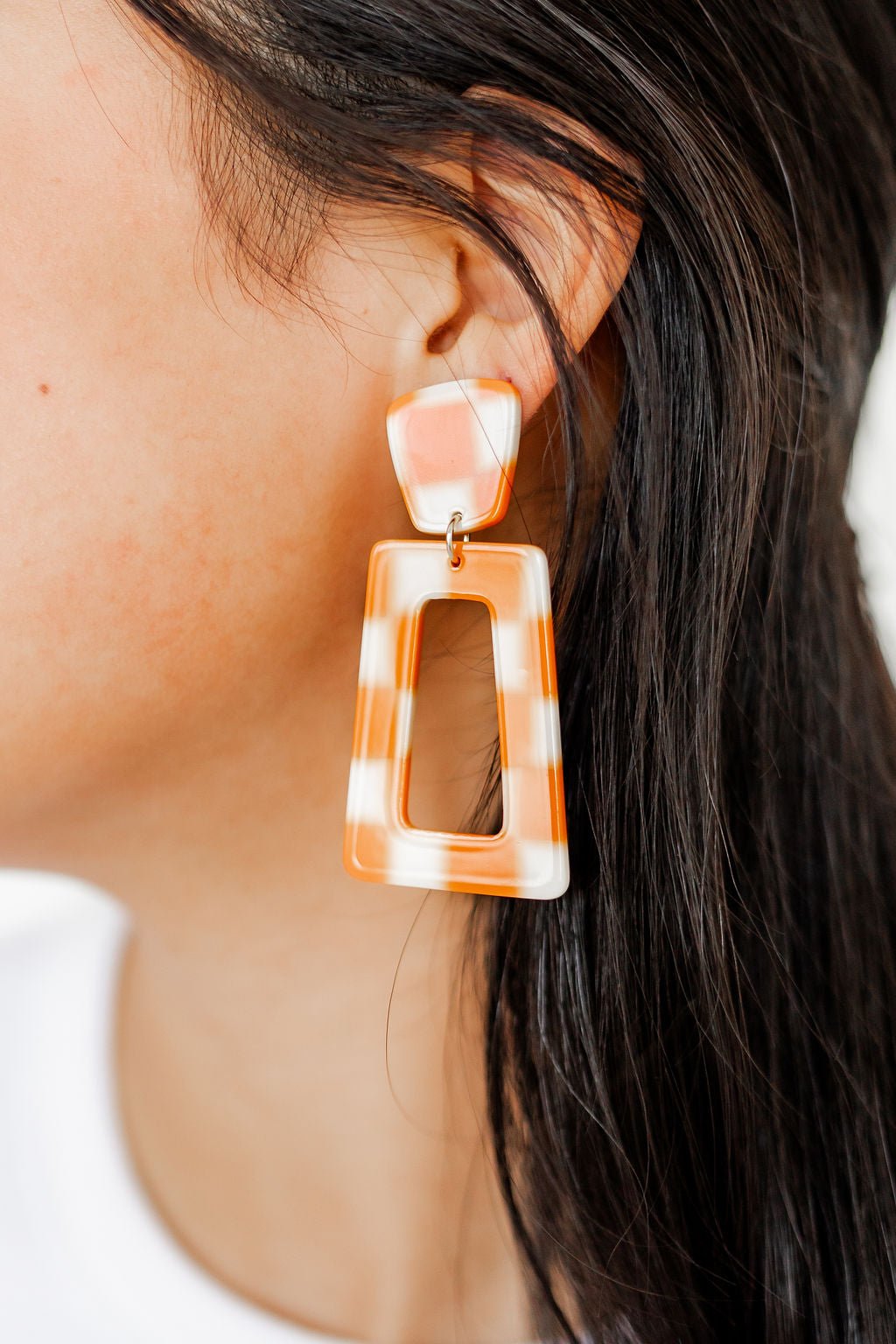 Kennedy Statement Earrings - Orange Checkered - Aaria Tees Aaria Tees