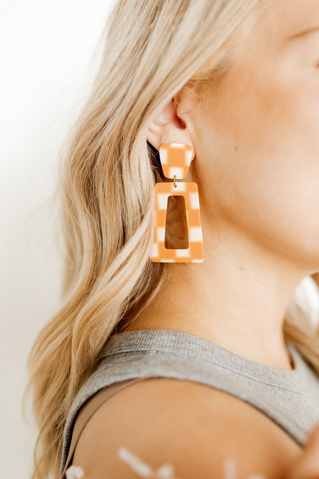 Kennedy Statement Earrings - Orange Checkered - Aaria Tees Aaria Tees