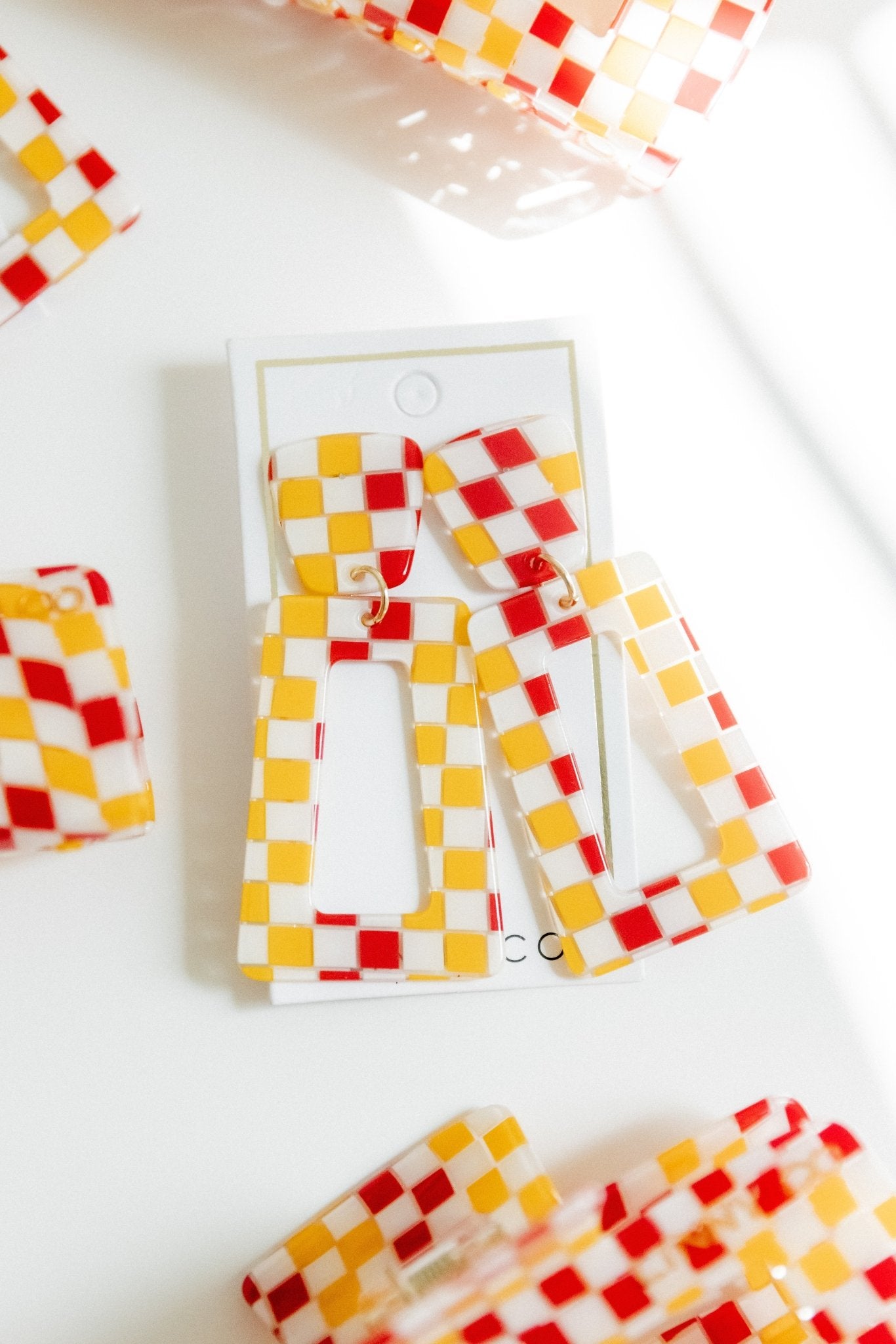 Kennedy Statement Earrings - Red and Gold Checkered - Aaria Tees Aaria Tees