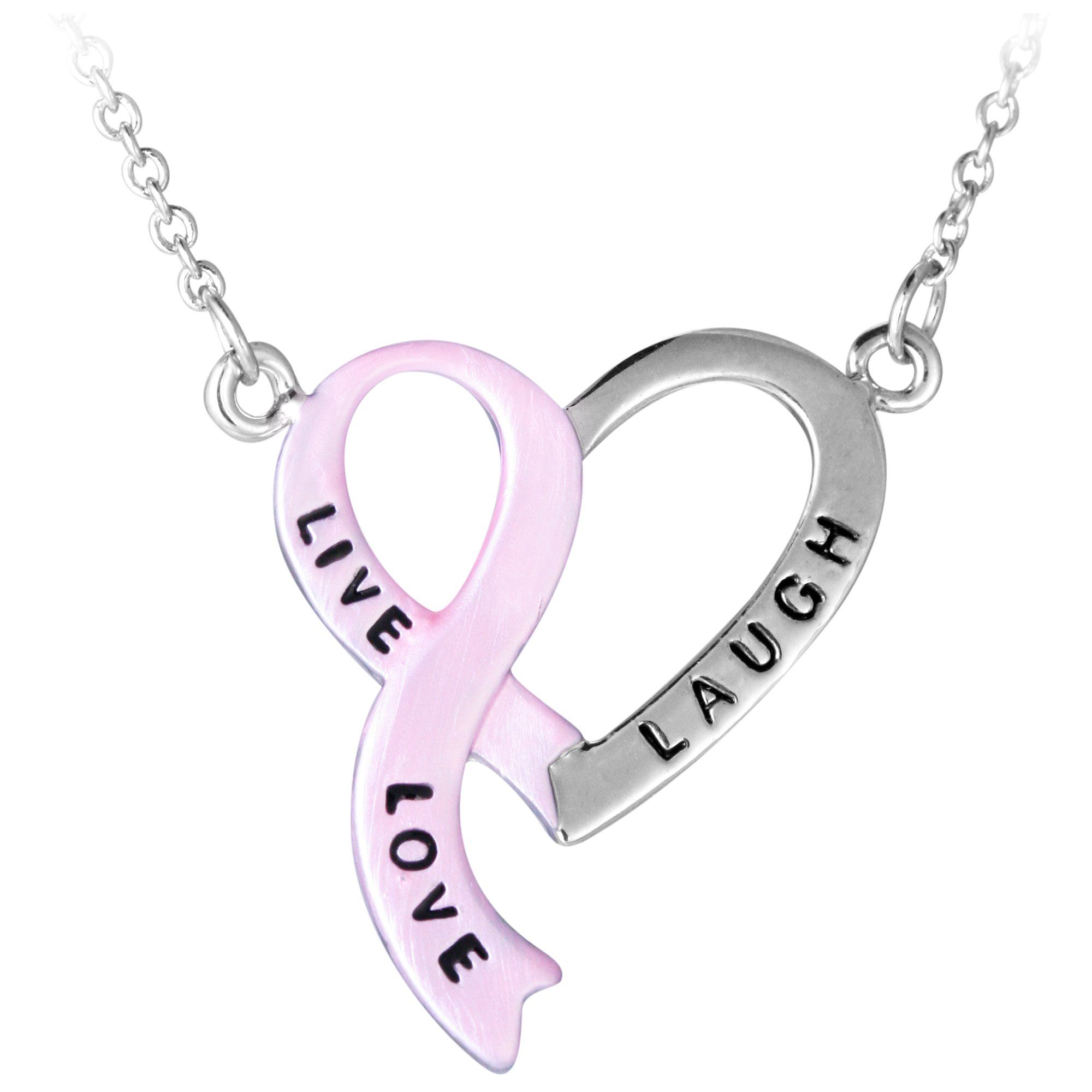 Live, Laugh, Love Pink Ribbon Heart Necklace - Aaria Tees Aaria Tees