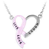 Live, Laugh, Love Pink Ribbon Heart Necklace - Aaria Tees Aaria Tees