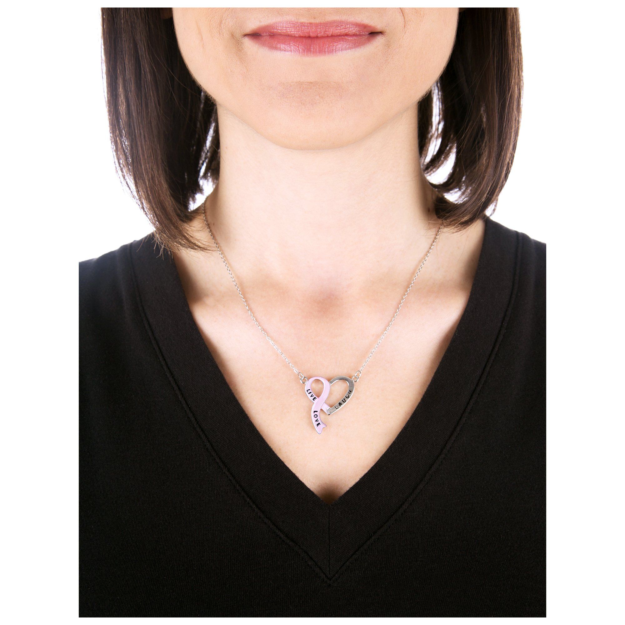 Live, Laugh, Love Pink Ribbon Heart Necklace - Aaria Tees Aaria Tees