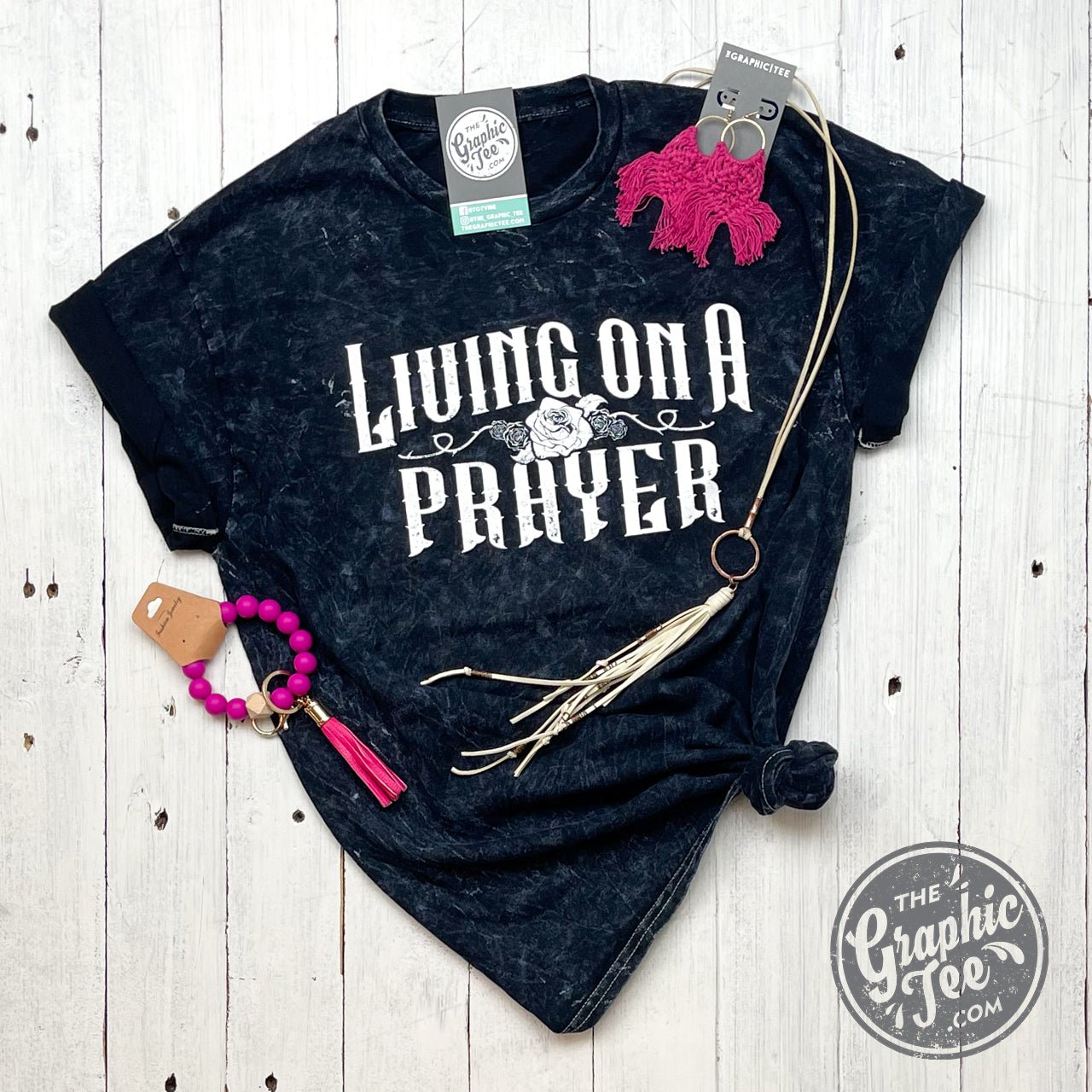 Living On A Prayer Black Mineral Wash Crew Neck Short Sleeve Tee - Aaria Tees Aaria Tees
