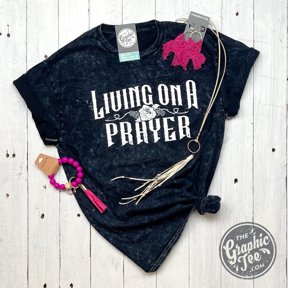 Living On A Prayer Black Mineral Wash Crew Neck Short Sleeve Tee - Aaria Tees