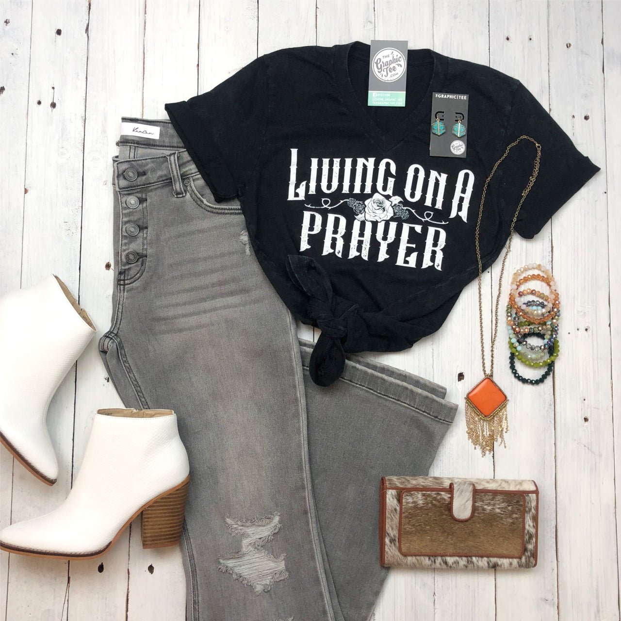 Living On A Prayer V Neck Tee - Aaria Tees Aaria Tees