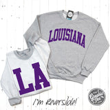 Louisiana Purple Print Reversible Sport Grey Crewneck Sweatshirt - Aaria Tees Aaria Tees