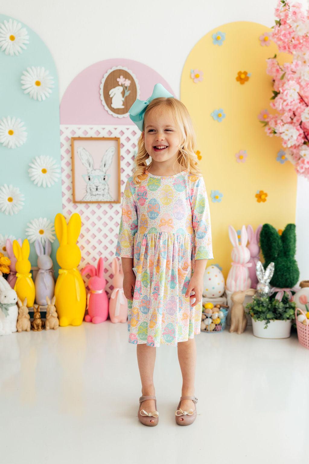 Egg-stra Cute 3/4 Sleeve Pocket Twirl Dress - Aaria Tees Aaria Tees