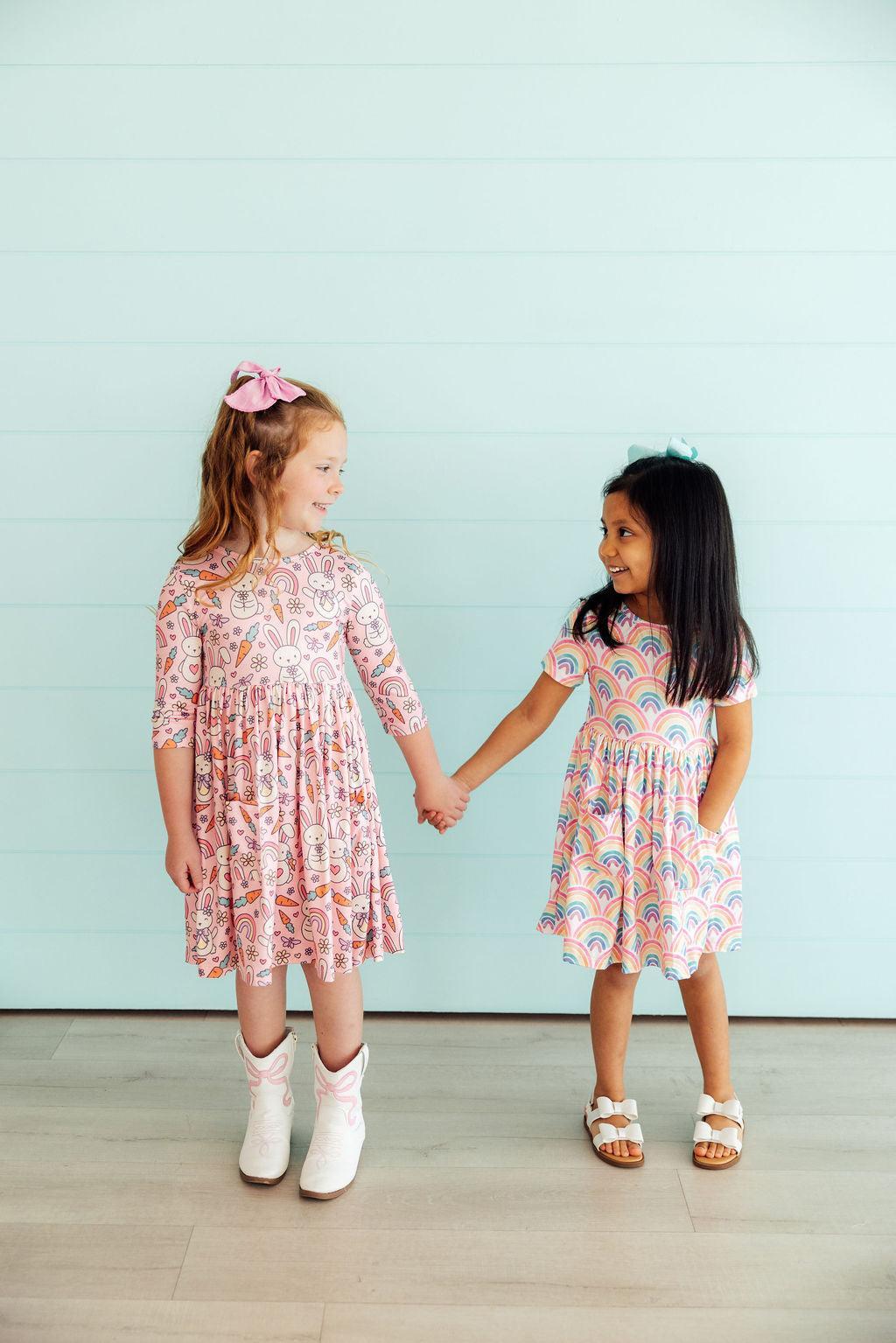 Springtime Bunnies 3/4 Sleeve Pocket Twirl Dress - Aaria Tees Aaria Tees