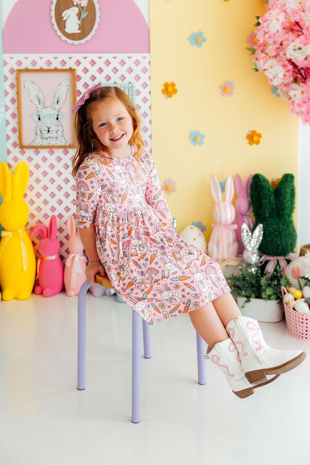 Springtime Bunnies 3/4 Sleeve Pocket Twirl Dress - Aaria Tees Aaria Tees