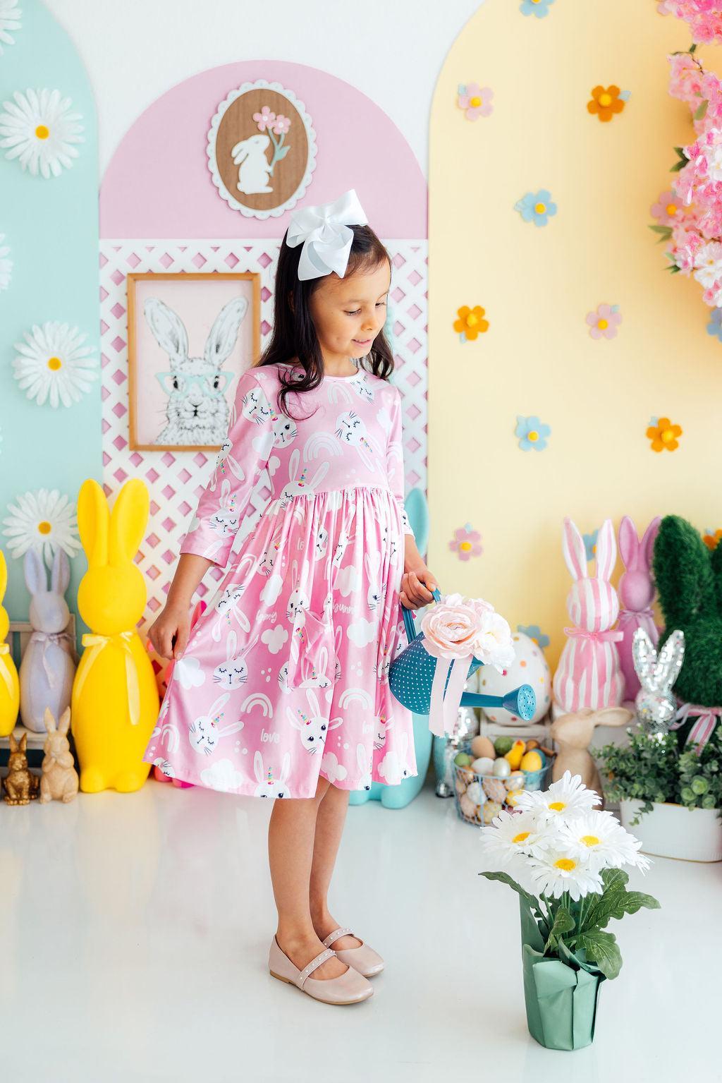 Bunny Love 3/4 Sleeve Pocket Twirl Dress - Aaria Tees Aaria Tees
