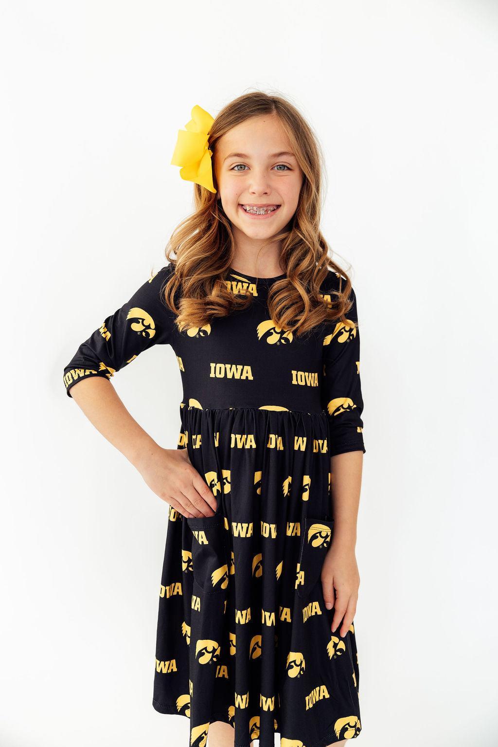 Iowa Black Tigerhawk 3/4 Sleeve Pocket Twirl Dress - Aaria Tees Aaria Tees
