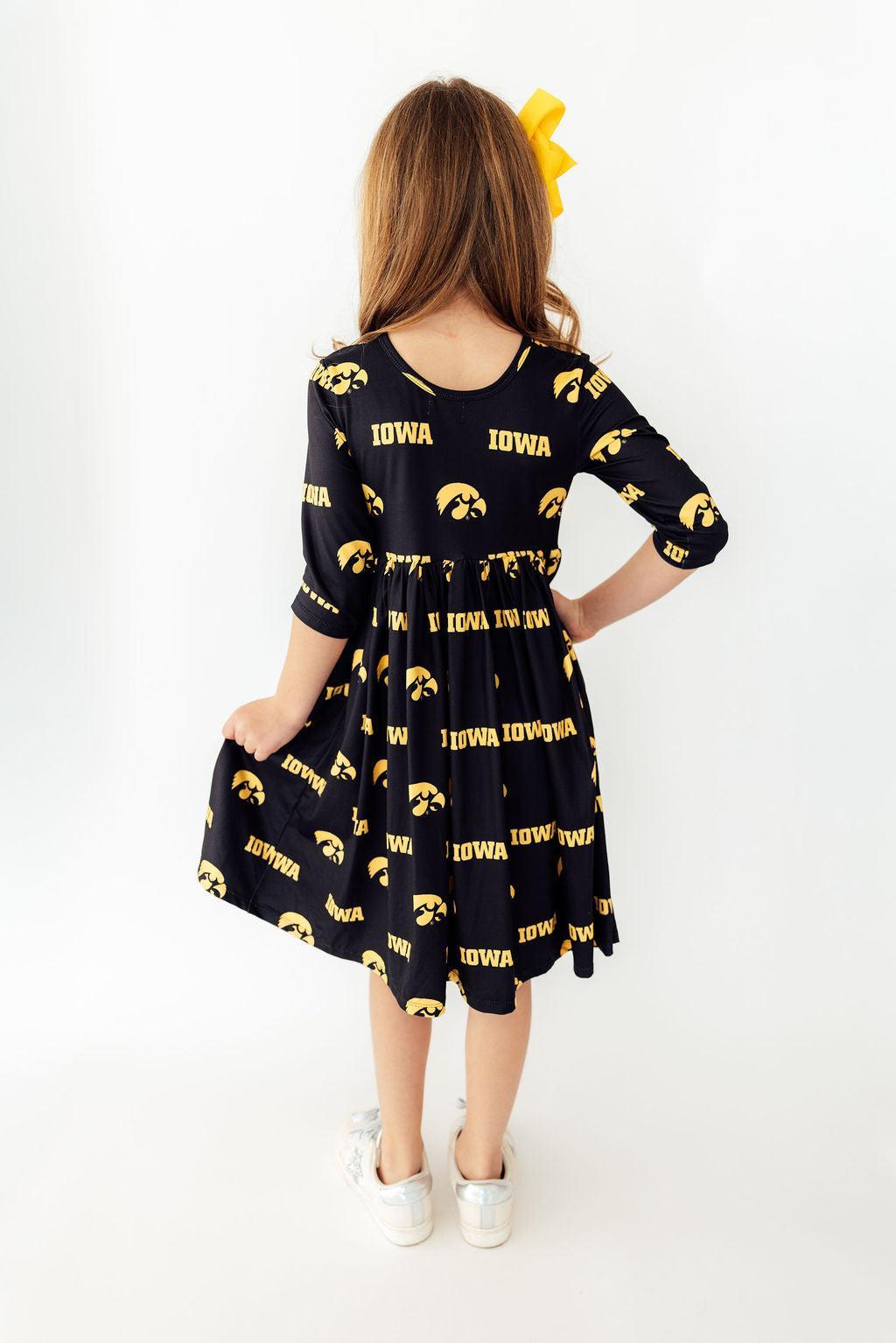 Iowa Black Tigerhawk 3/4 Sleeve Pocket Twirl Dress - Aaria Tees Aaria Tees