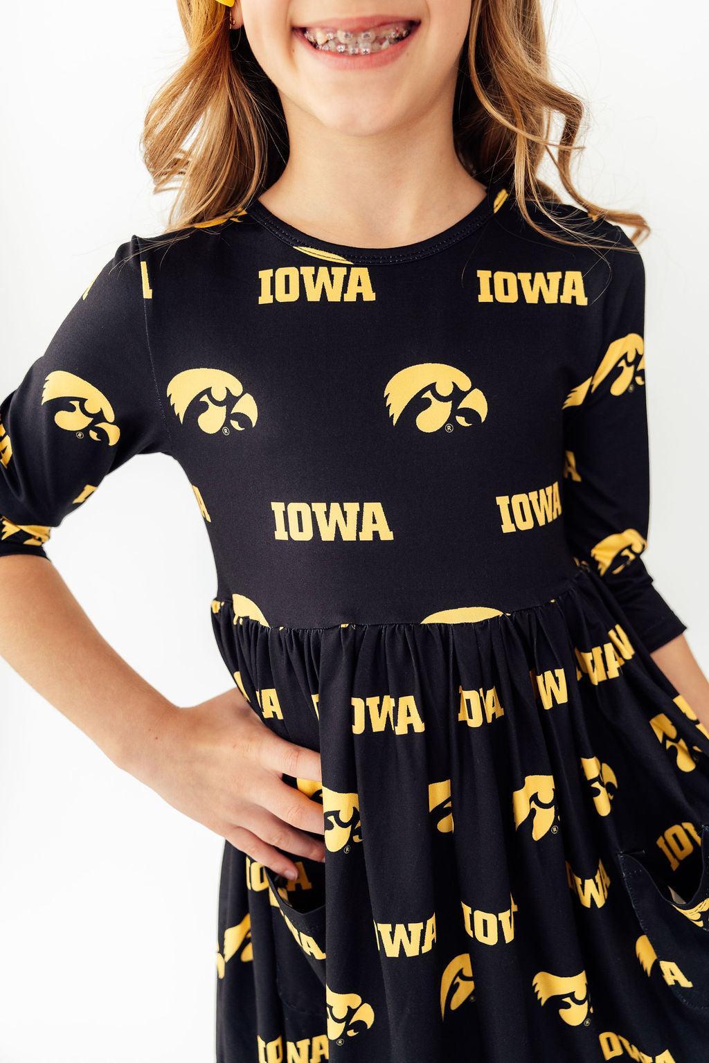 Iowa Black Tigerhawk 3/4 Sleeve Pocket Twirl Dress - Aaria Tees Aaria Tees