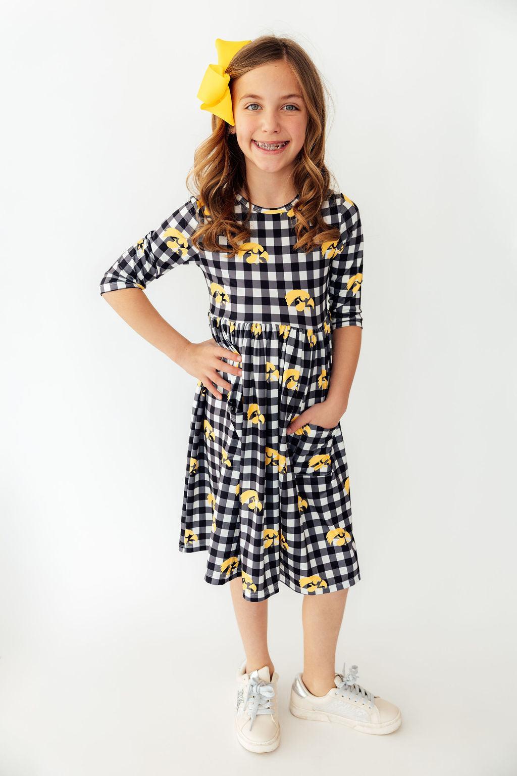 Iowa Plaid Tigerhawk 3/4 Sleeve Pocket Twirl Dress - Aaria Tees Aaria Tees