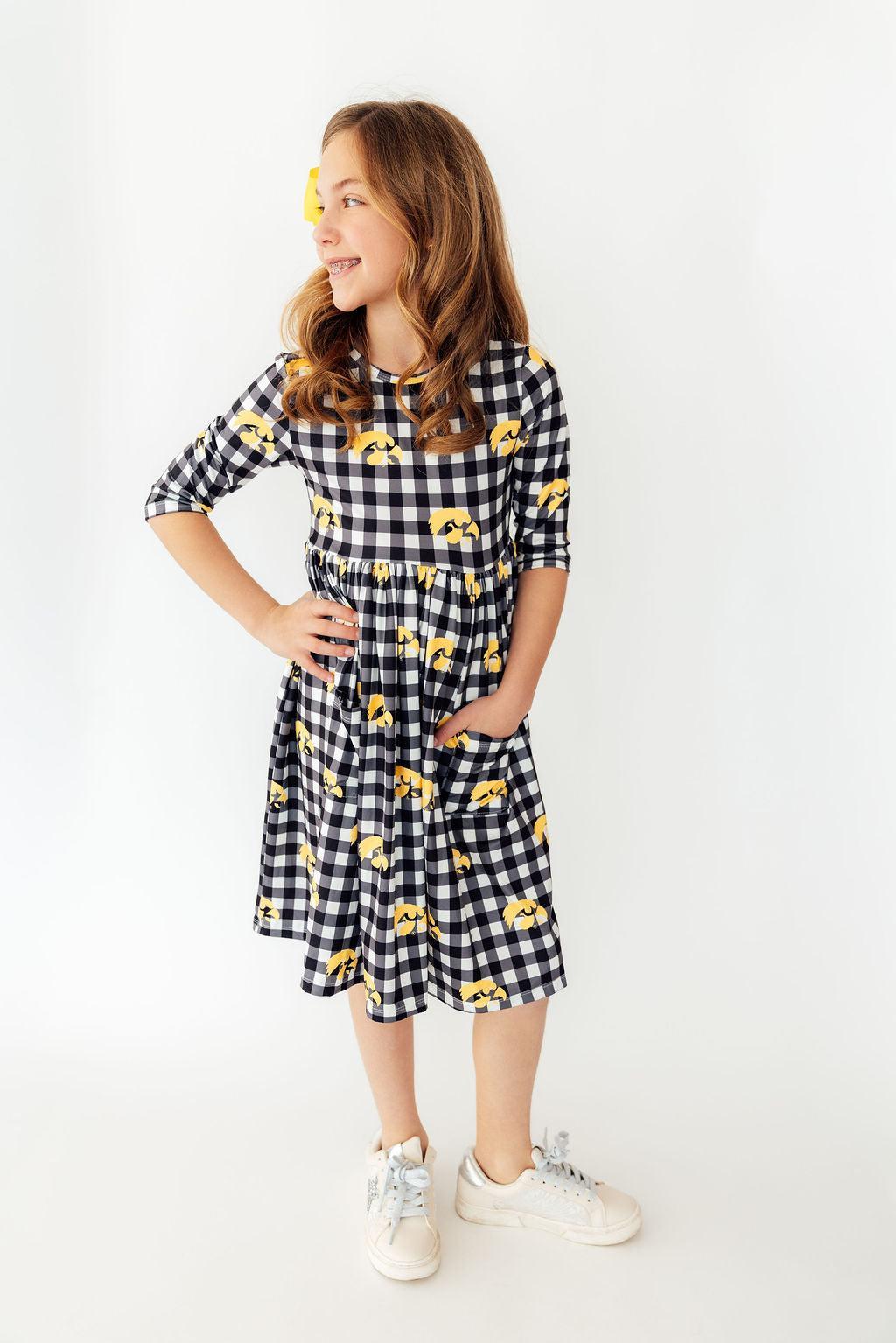 Iowa Plaid Tigerhawk 3/4 Sleeve Pocket Twirl Dress - Aaria Tees Aaria Tees