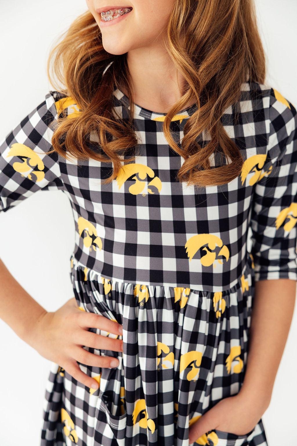 Iowa Plaid Tigerhawk 3/4 Sleeve Pocket Twirl Dress - Aaria Tees Aaria Tees