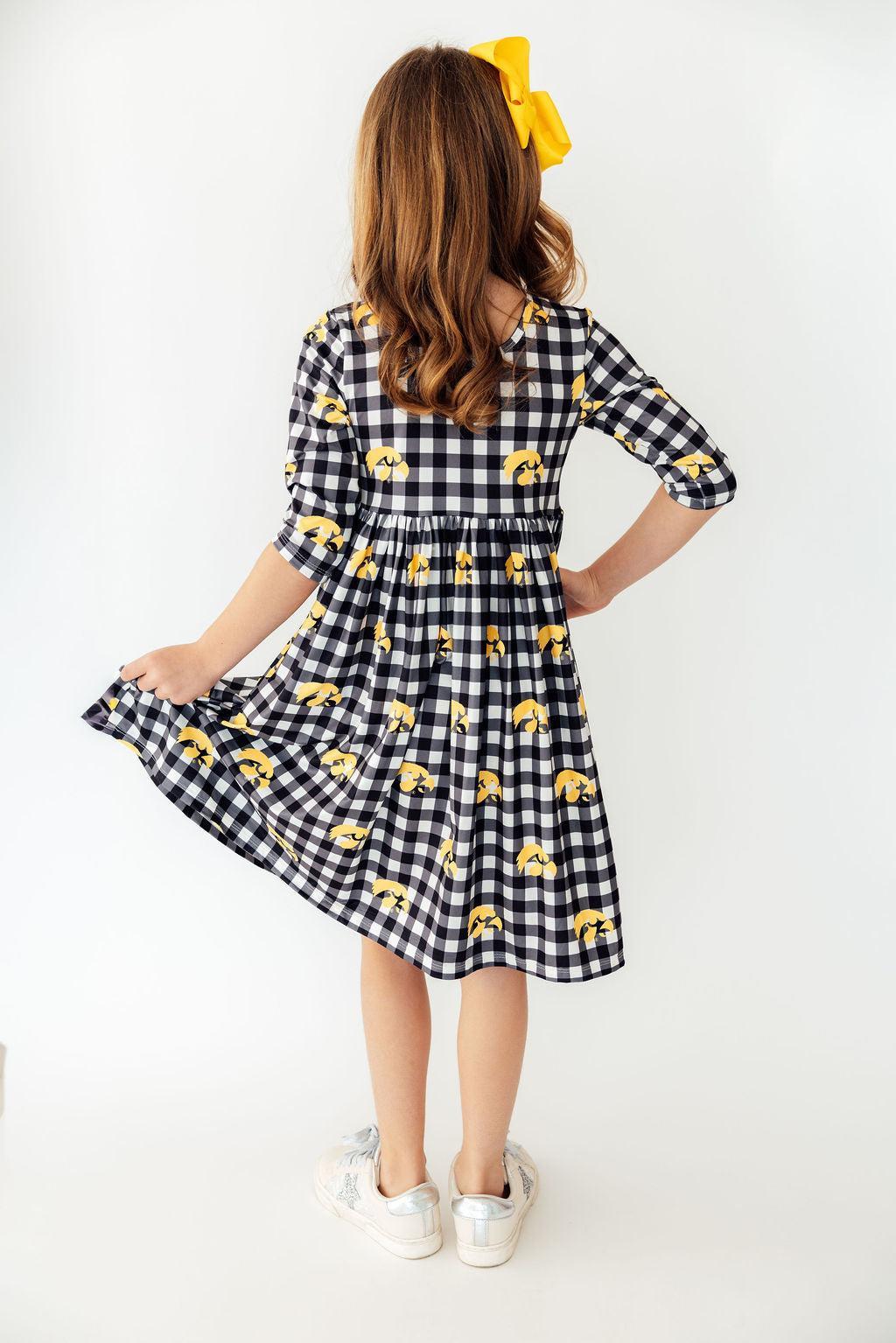 Iowa Plaid Tigerhawk 3/4 Sleeve Pocket Twirl Dress - Aaria Tees Aaria Tees
