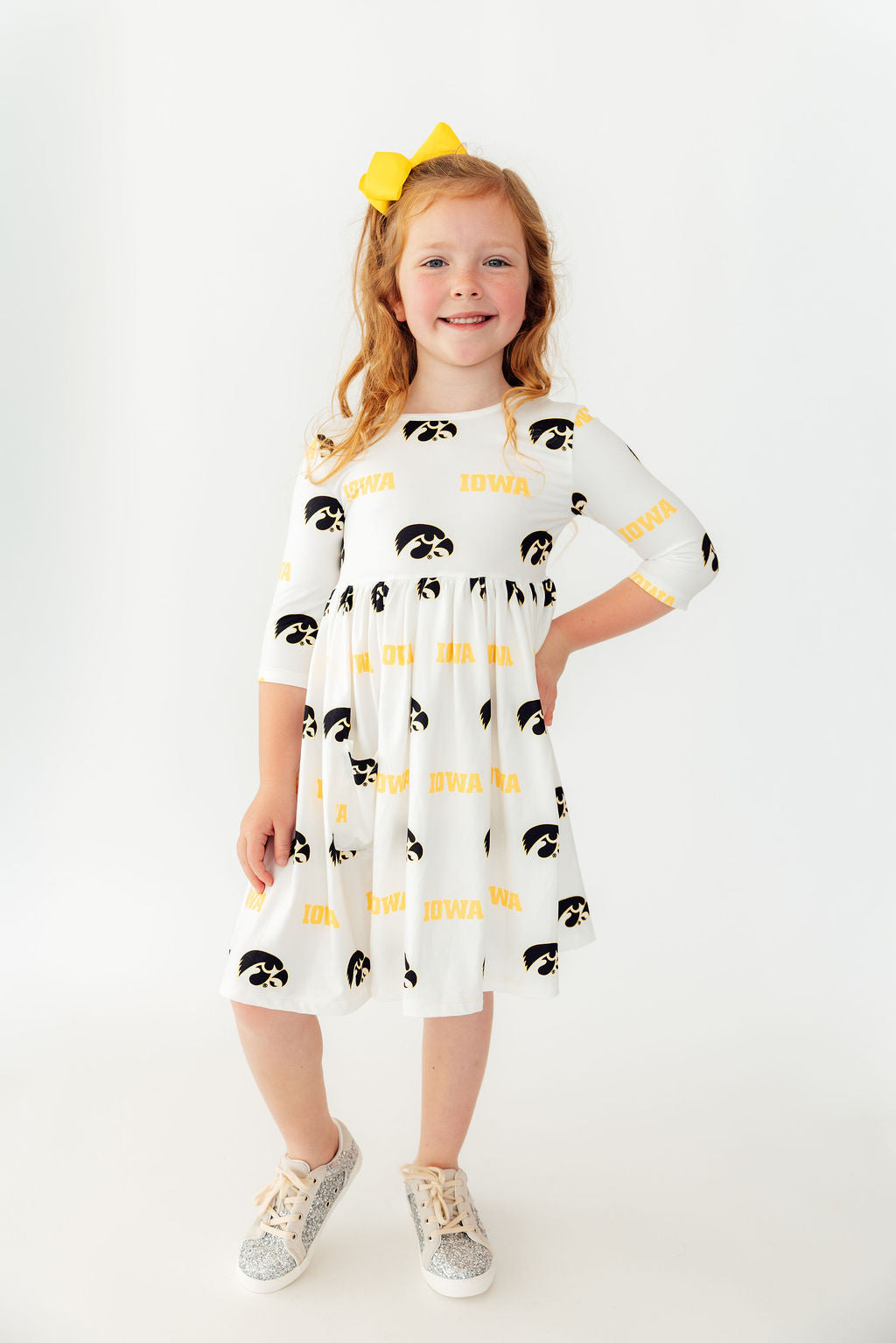 Iowa White Tigerhawk 3/4 Sleeve Pocket Twirl Dress - Aaria Tees Aaria Tees