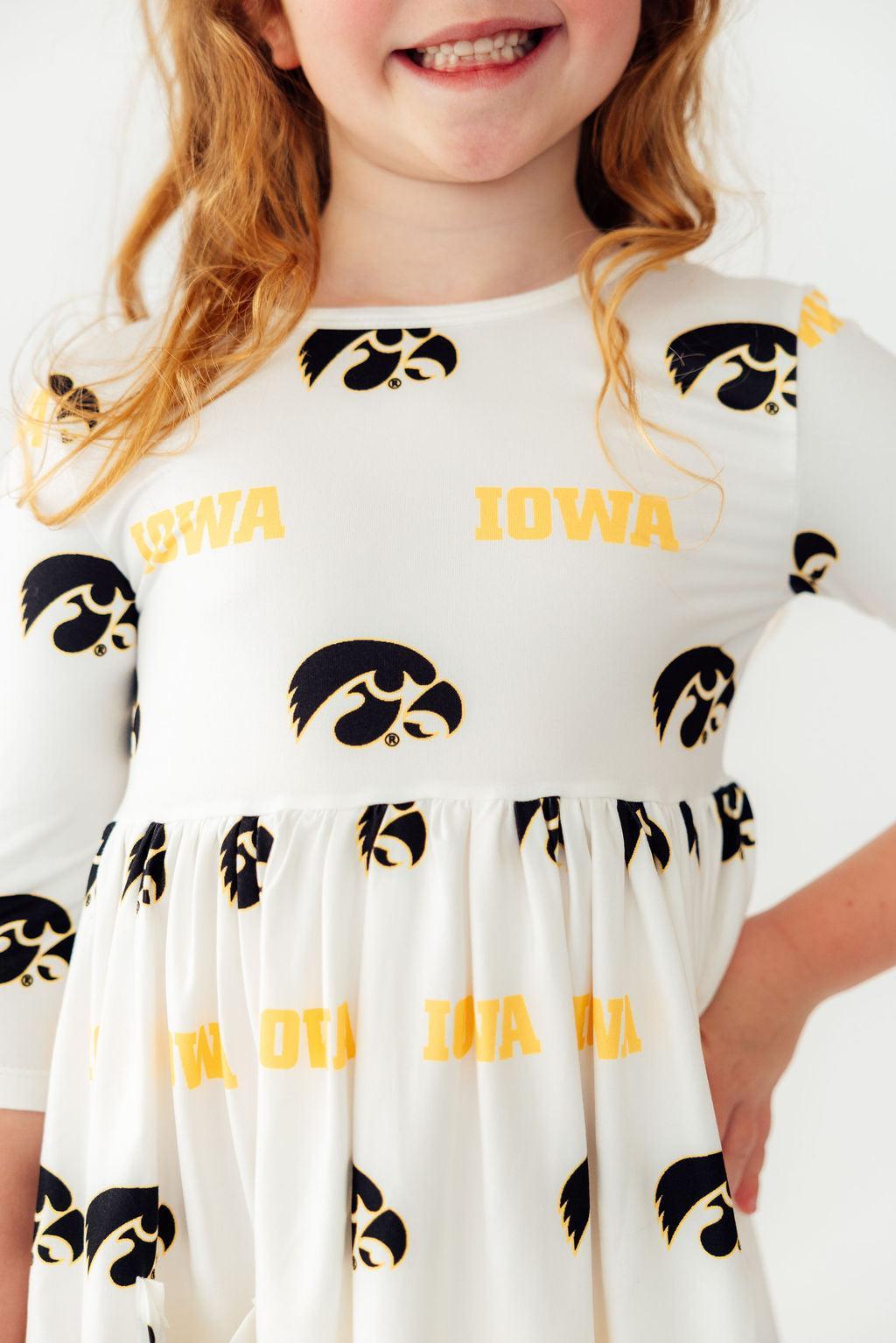Iowa White Tigerhawk 3/4 Sleeve Pocket Twirl Dress - Aaria Tees Aaria Tees