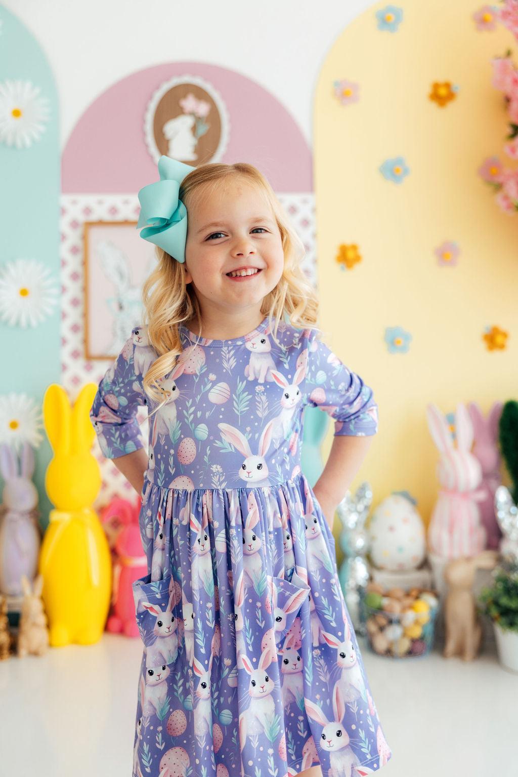 Beautiful Bunnies 3/4 Sleeve Pocket Twirl Dress - Aaria Tees