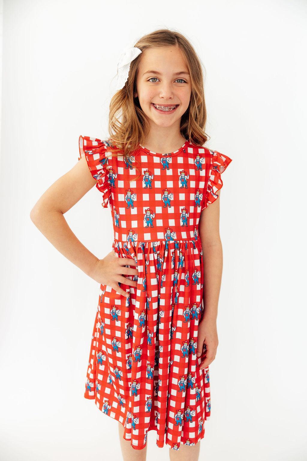 Nebraska Plaid Herbie Husker Flutter Twirl Dress - Aaria Tees Aaria Tees