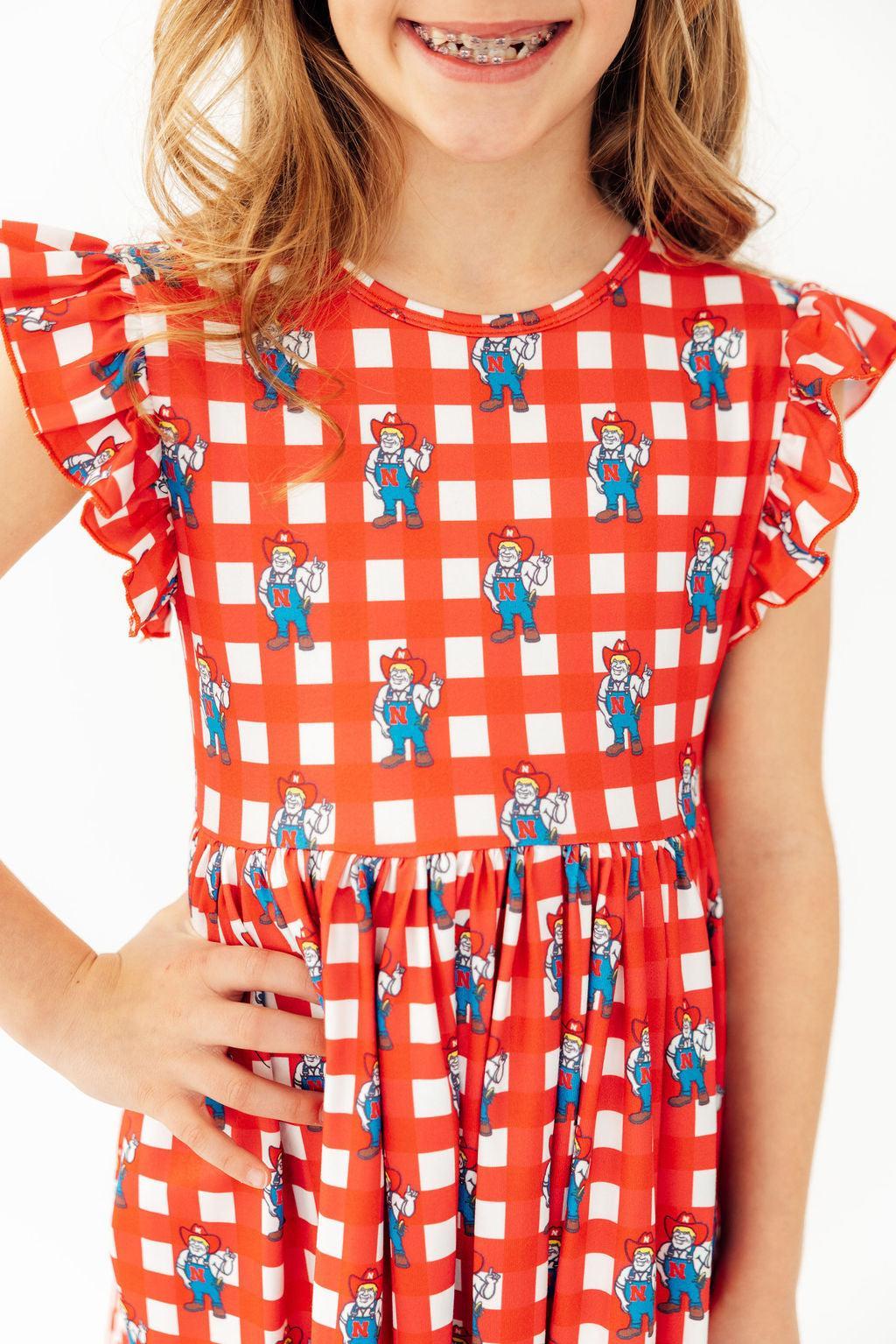 Nebraska Plaid Herbie Husker Flutter Twirl Dress - Aaria Tees Aaria Tees