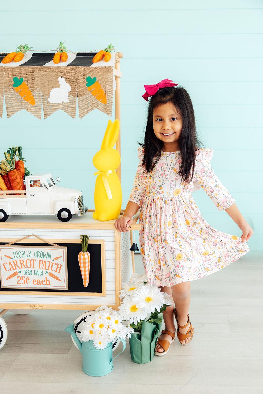 Carrot Cutie 3/4 Sleeve Ruffle Twirl Dress - Aaria Tees Aaria Tees