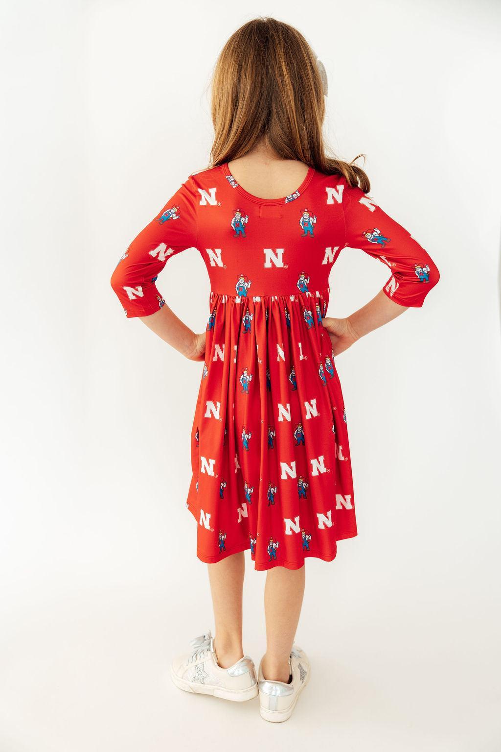 Nebraska Red Herbie Husker 3/4 Sleeve Pocket Twirl Dress - Aaria Tees Aaria Tees
