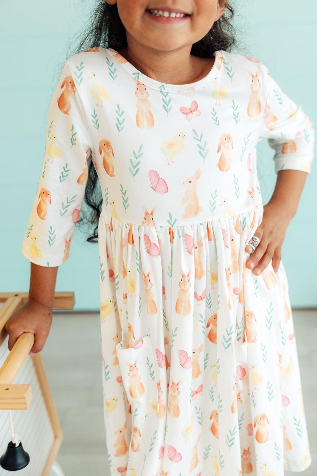 Sunny Bunnies 3/4 Sleeve Pocket Twirl Dress - Aaria Tees Aaria Tees