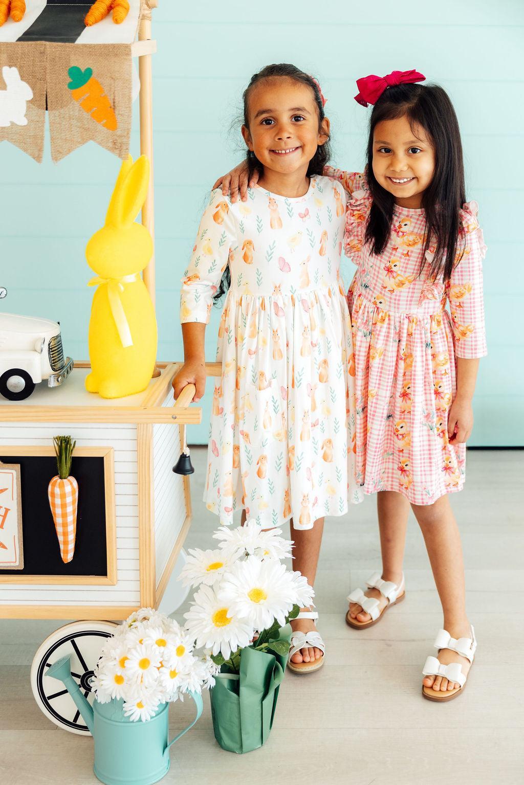 Sunny Bunnies 3/4 Sleeve Pocket Twirl Dress - Aaria Tees Aaria Tees