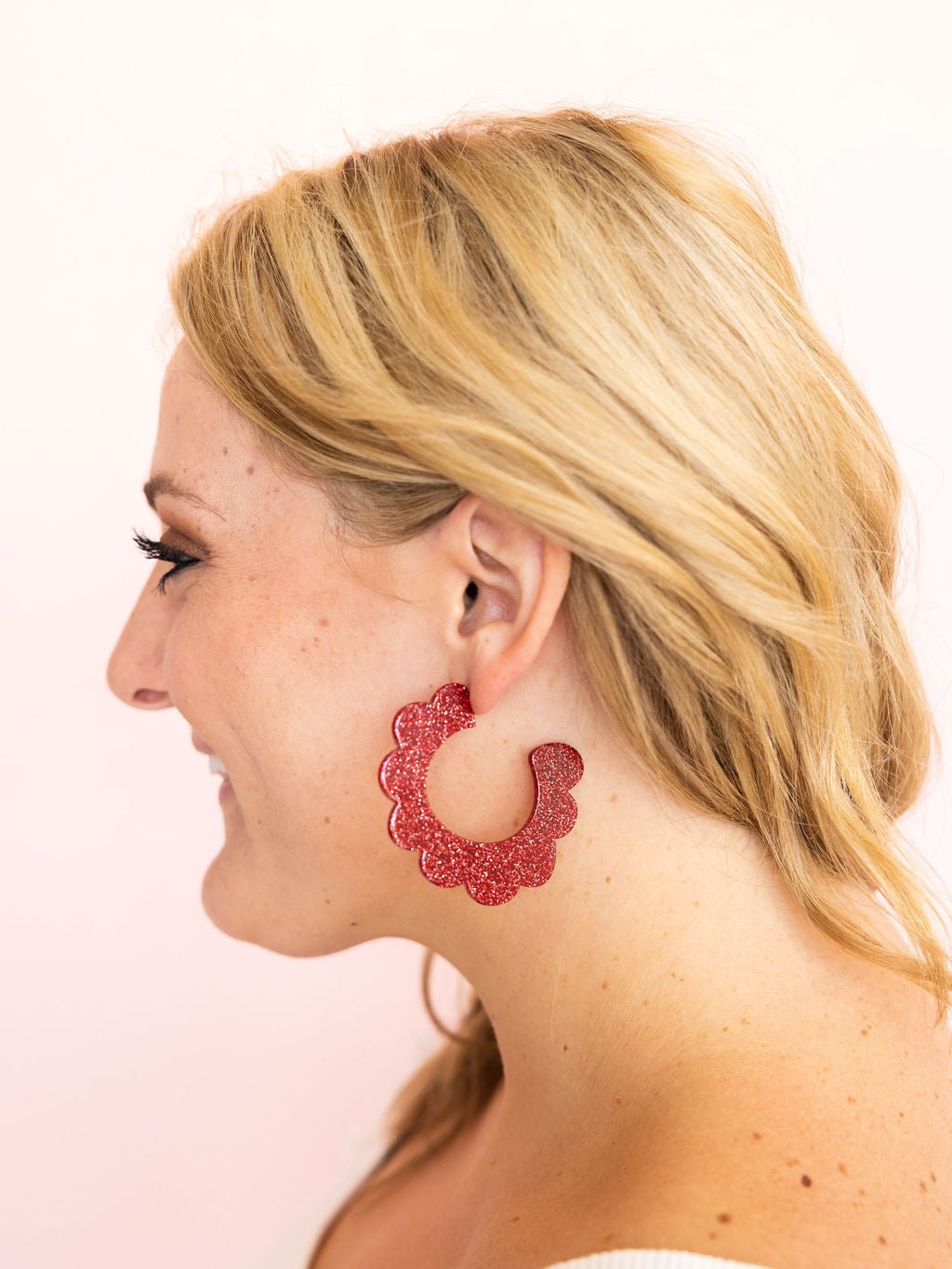 Margo Scallop Hoop Earrings - Crimson Glitter - Aaria Tees