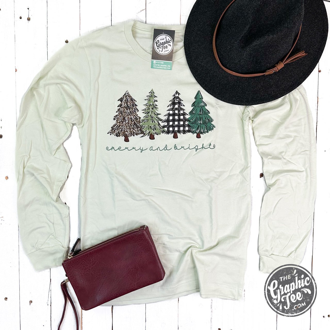Merry and Bright Trees Long Sleeve Unisex Tee - Aaria Tees Aaria Tees
