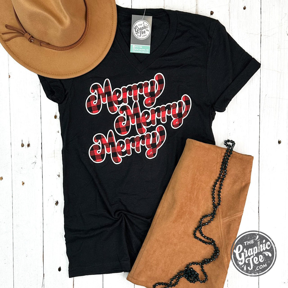 Merry Buffalo Plaid V-Neck Tee - Aaria Tees