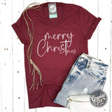 Merry ChrisTmas Heather Cardinal V Neck Short Sleeve Tee - Aaria Tees Aaria Tees