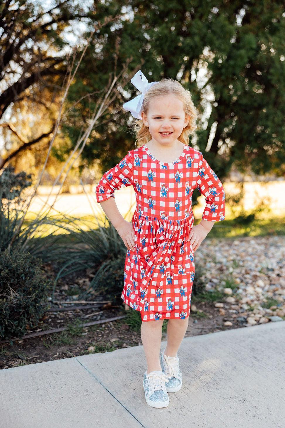 Nebraska Plaid Herbie Husker 3/4 Sleeve Pocket Twirl Dress - Aaria Tees Aaria Tees