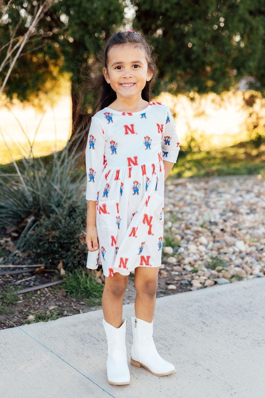 Nebraska White Herbie Husker 3/4 Sleeve Pocket Twirl Dress - Aaria Tees