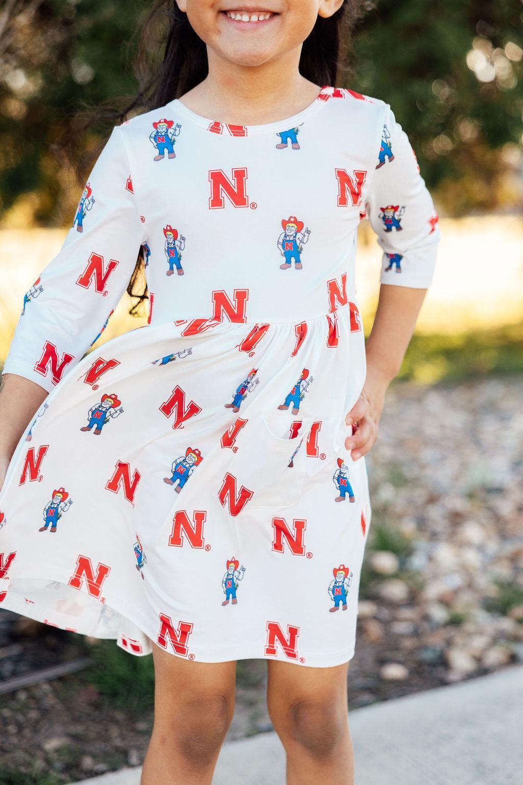 Nebraska White Herbie Husker 3/4 Sleeve Pocket Twirl Dress - Aaria Tees Aaria Tees
