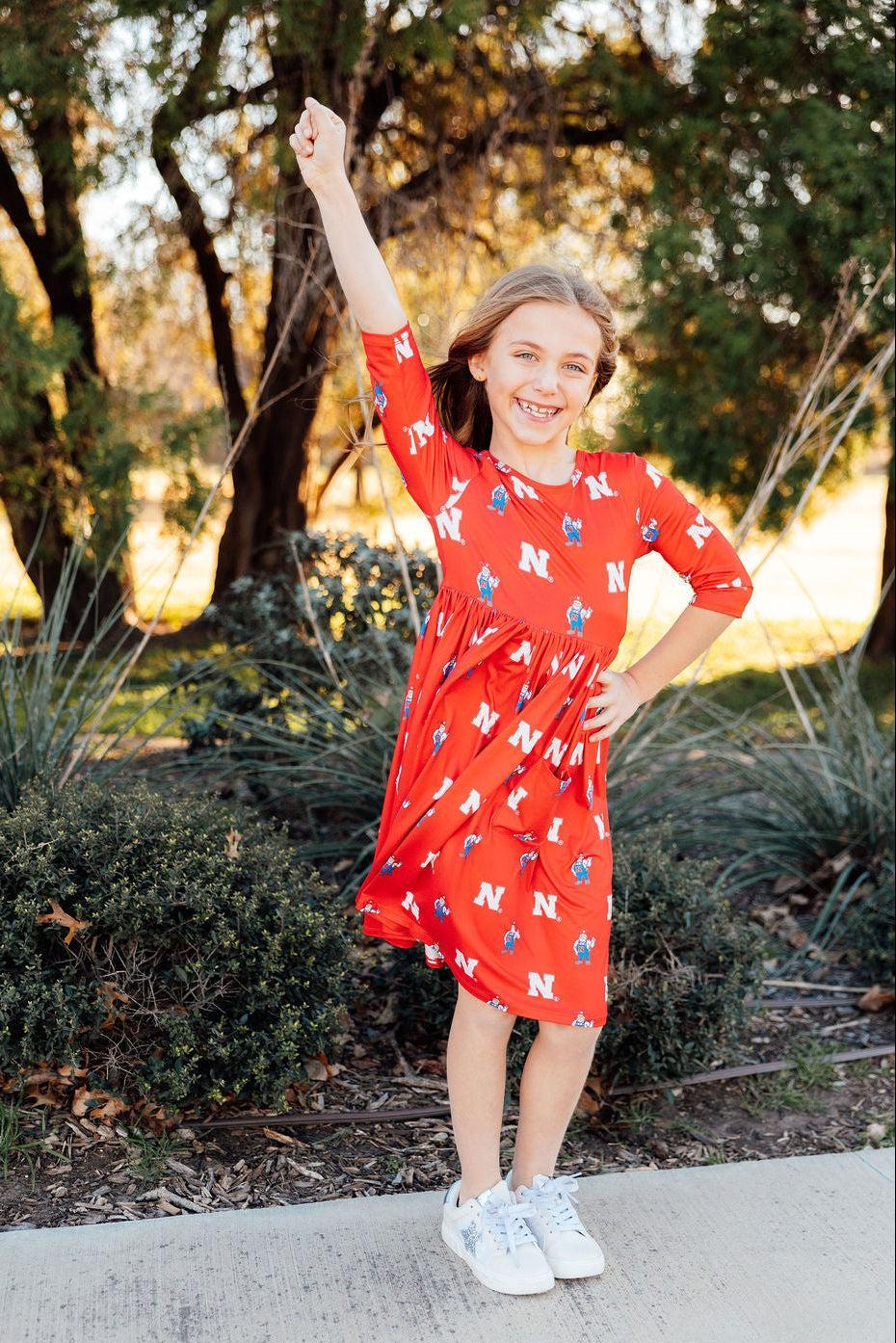 Nebraska Red Herbie Husker 3/4 Sleeve Pocket Twirl Dress - Aaria Tees Aaria Tees