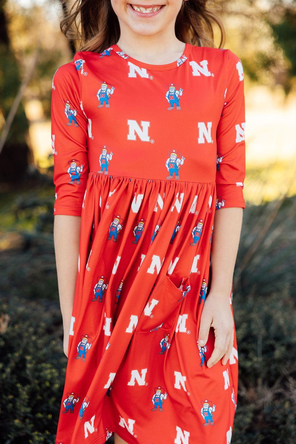 Nebraska Red Herbie Husker 3/4 Sleeve Pocket Twirl Dress - Aaria Tees Aaria Tees