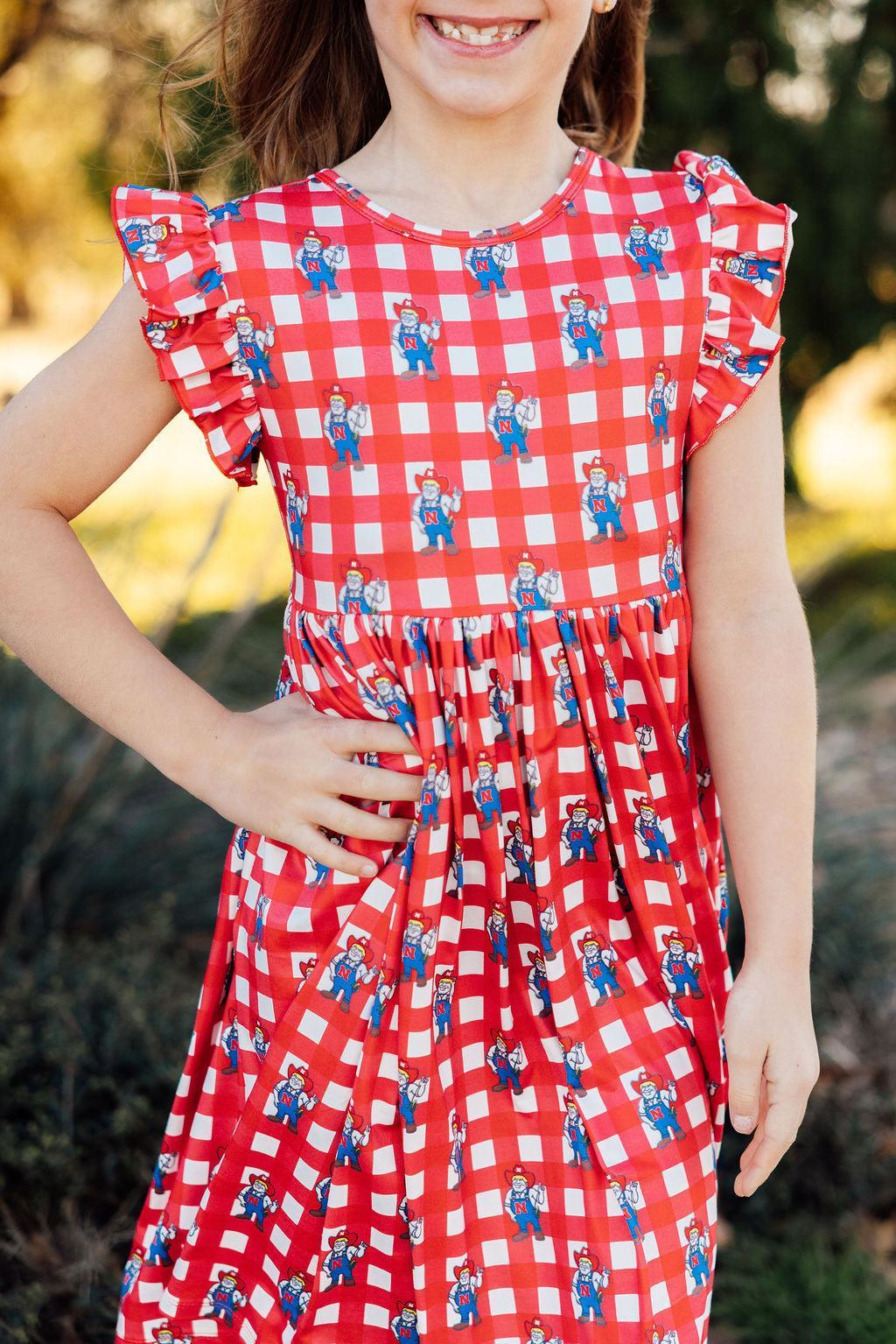 Nebraska Plaid Herbie Husker Flutter Twirl Dress - Aaria Tees Aaria Tees