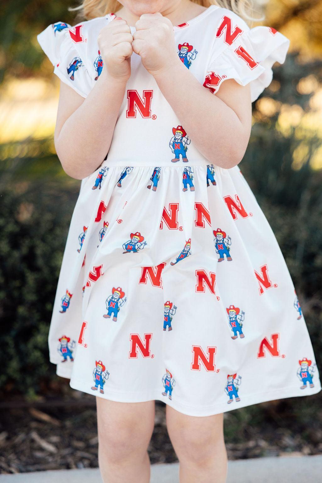 Nebraska White Herbie Husker Flutter Twirl Dress - Aaria Tees Aaria Tees