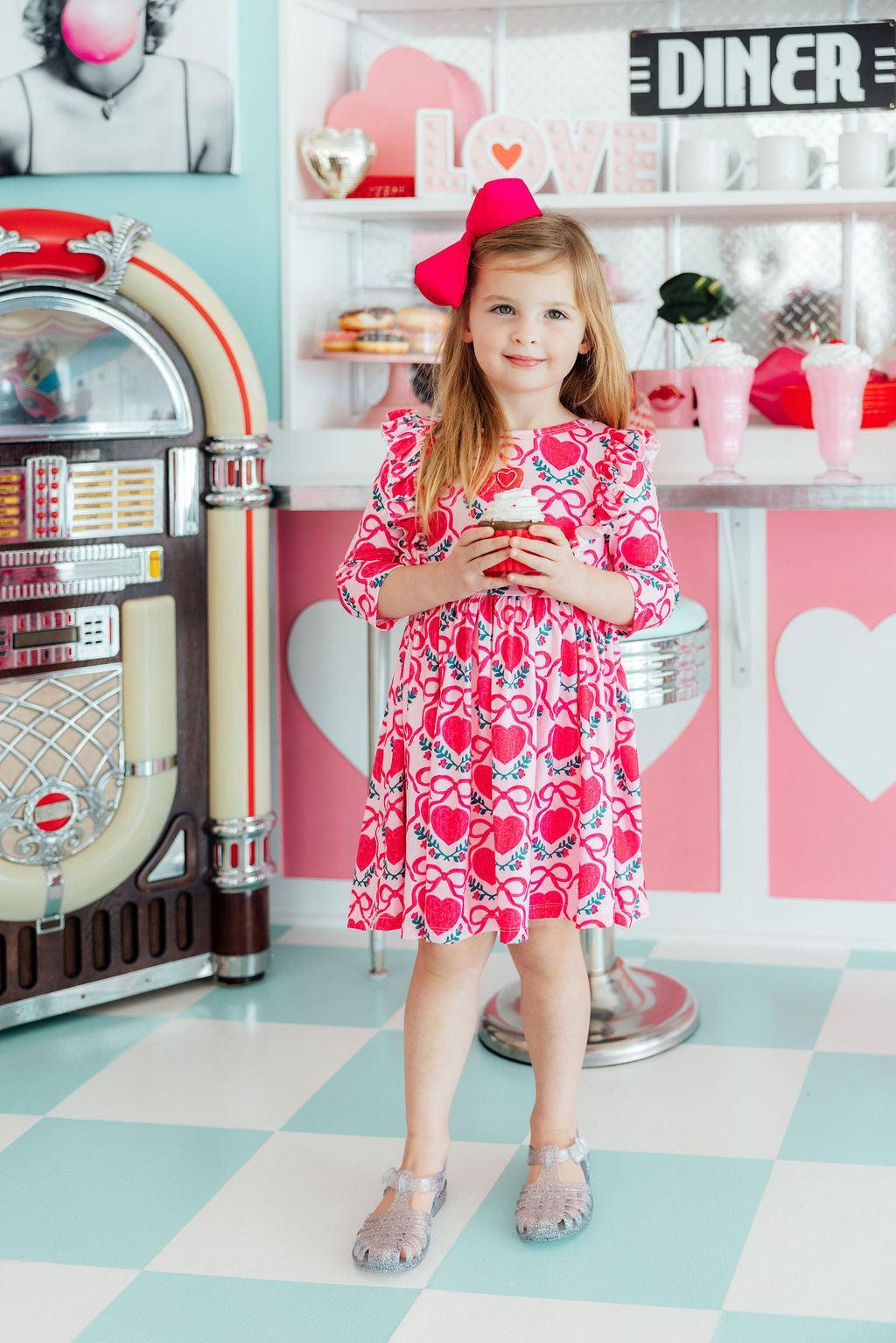 Fluttering Hearts 3/4 Sleeve Ruffle Twirl Dress - Aaria Tees Aaria Tees