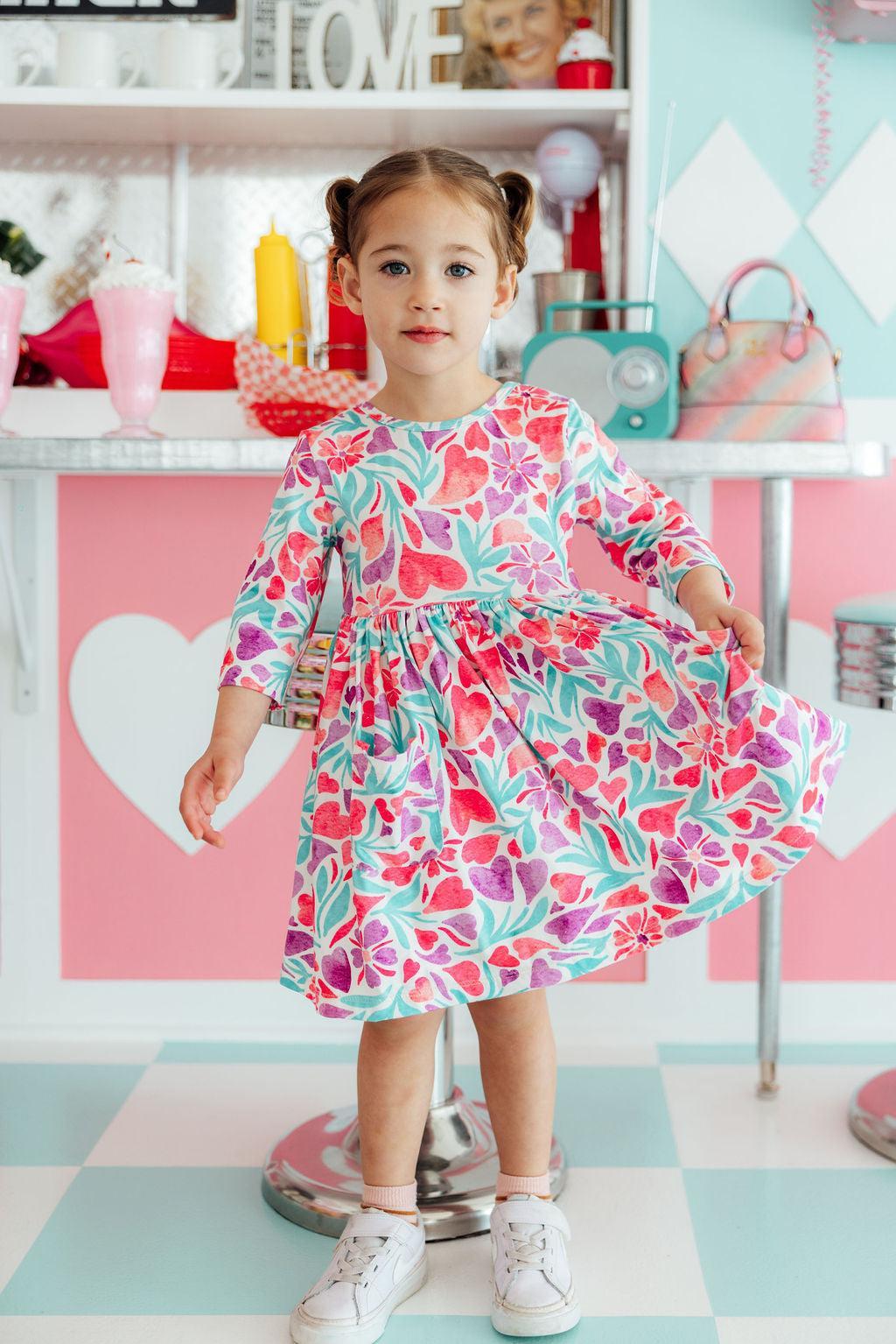 Watercolor Hearts 3/4 Sleeve Pocket Twirl Dress - Aaria Tees Aaria Tees