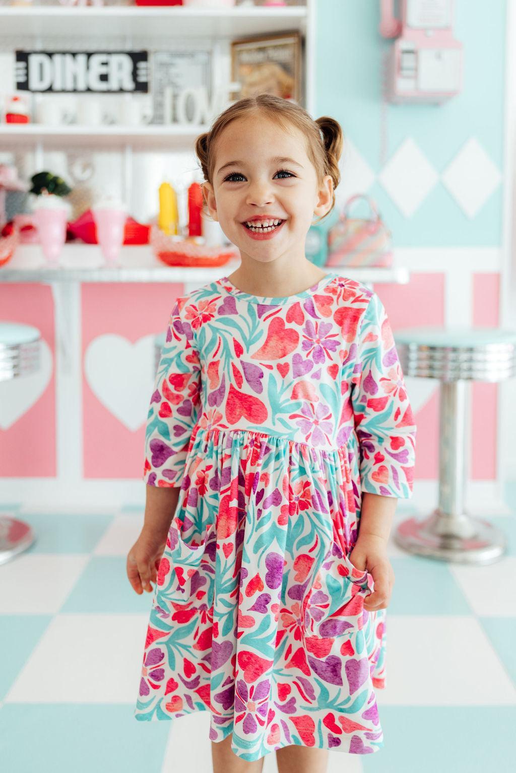 Watercolor Hearts 3/4 Sleeve Pocket Twirl Dress - Aaria Tees Aaria Tees