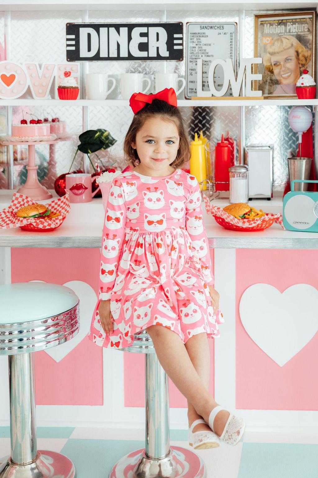 Cutie Cat L/S Pocket Twirl Dress - Aaria Tees Aaria Tees