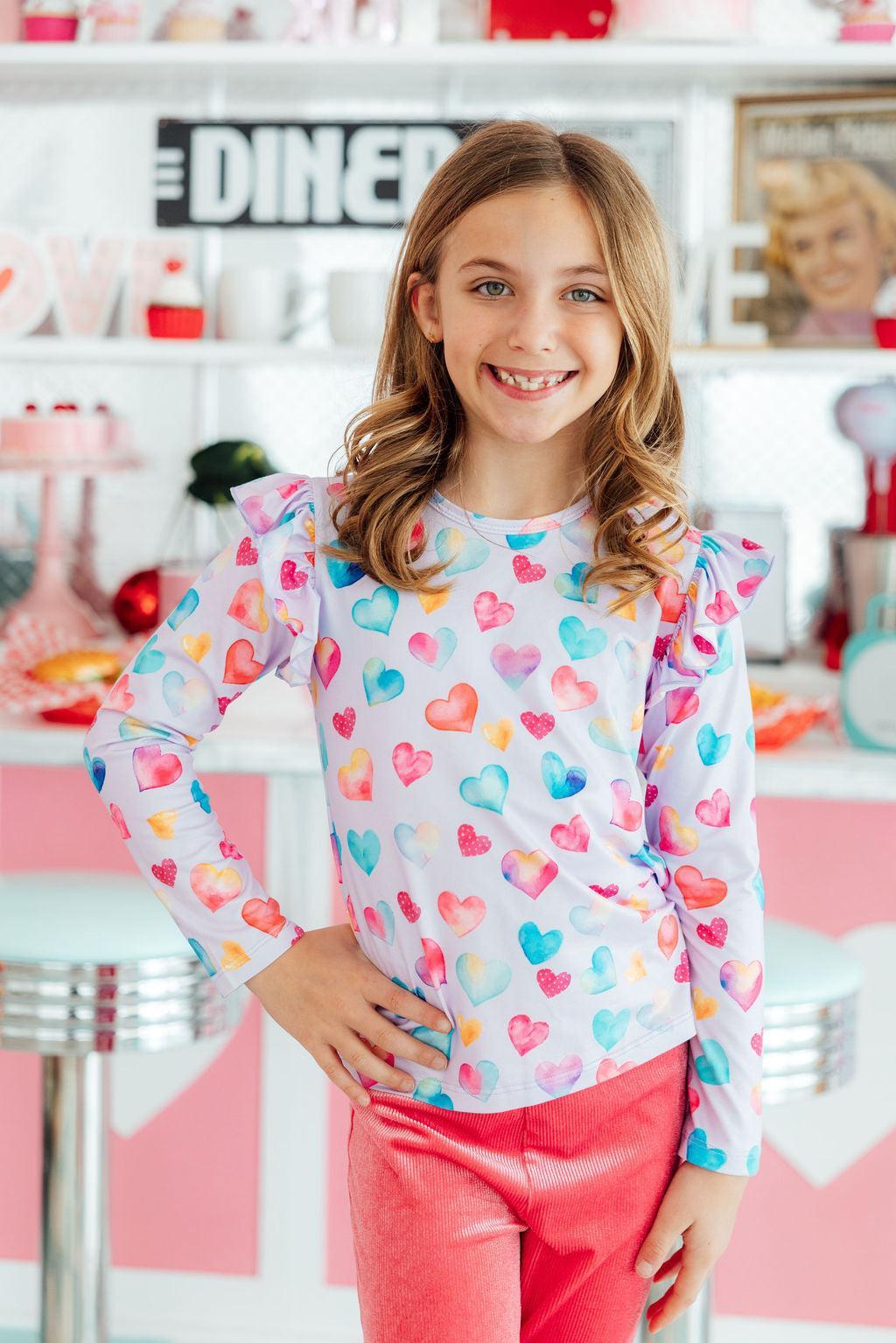Watercolor Kisses L/S Ruffle Tee - Aaria Tees Aaria Tees