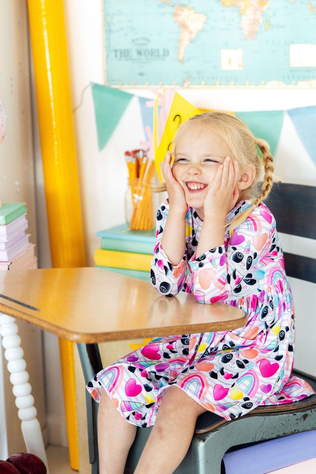 Peace, Love & Pandacorns 3/4 Sleeve Pocket Twirl Dress - Aaria Tees Aaria Tees